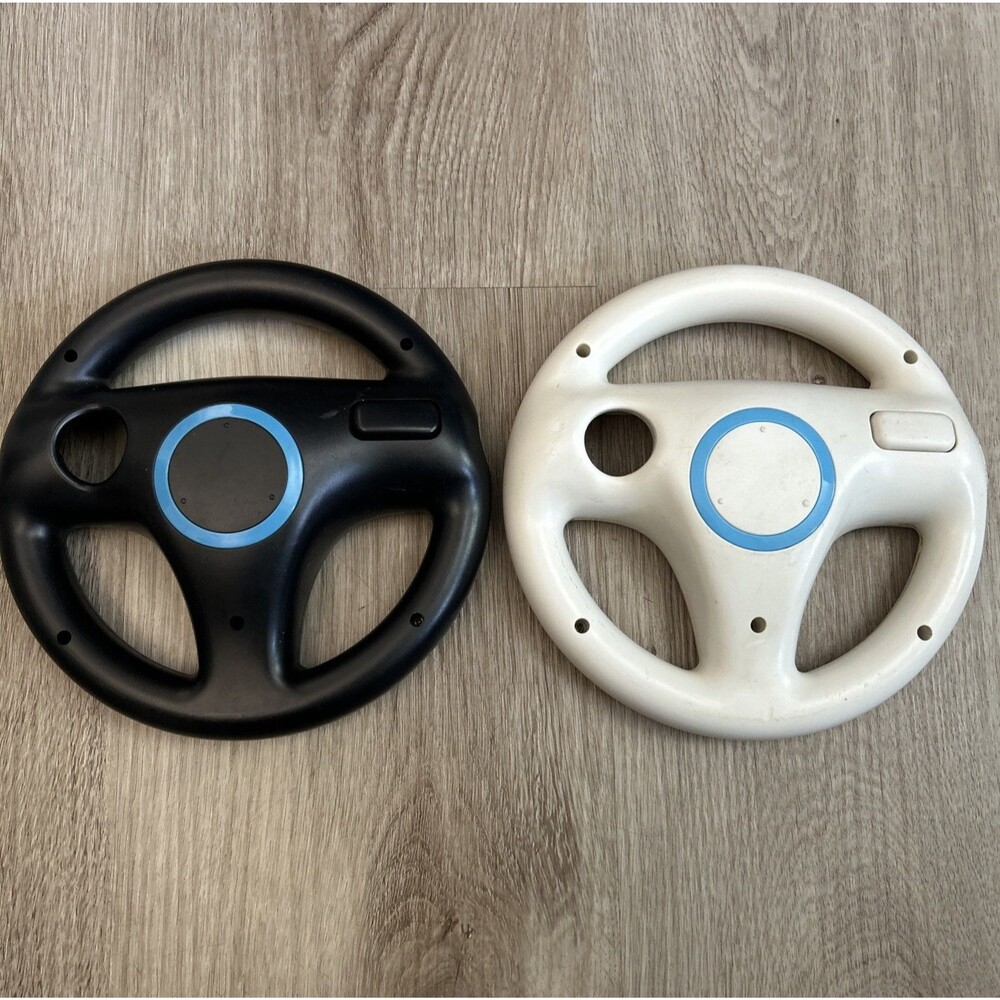 Nintendo Wii Controller Steering Wheel x2 Mario Kart Racing White Black Pair
